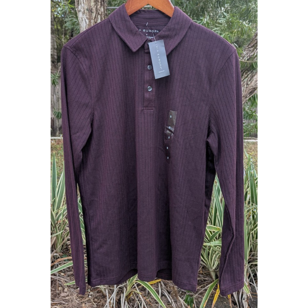 Men's Via Europa Long Sleeve Polo Shirt Size S Small Burgundy